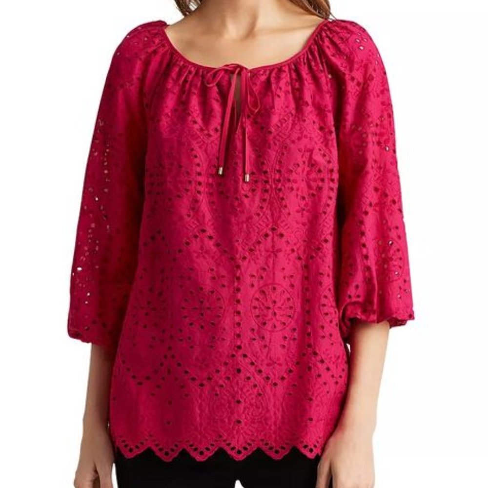 Ralph Lauren Eyelet Peasant Top Fuchsia Sz S
